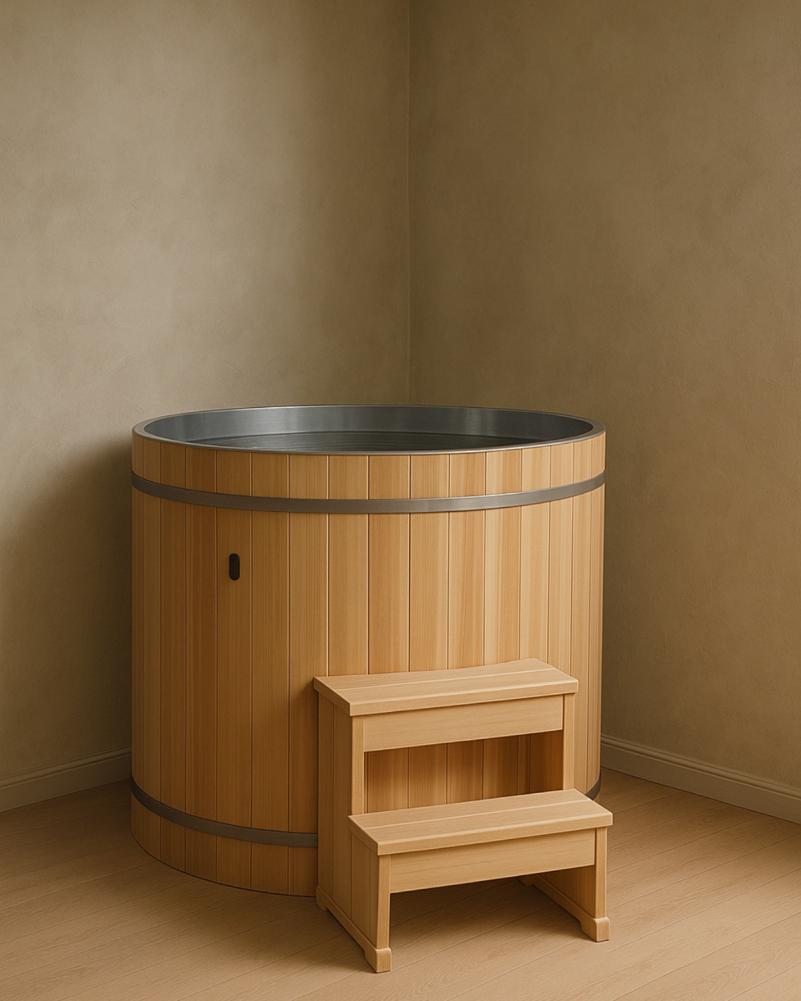 Cedar cold plunge barrel with step stool in its corner of the studio